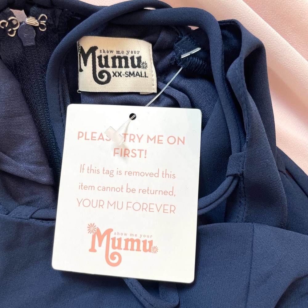 Show Me Your Mumu Rich Navy Crisp Godshaw Goddess Gown Size XXS NWT - Picture 10 of 13